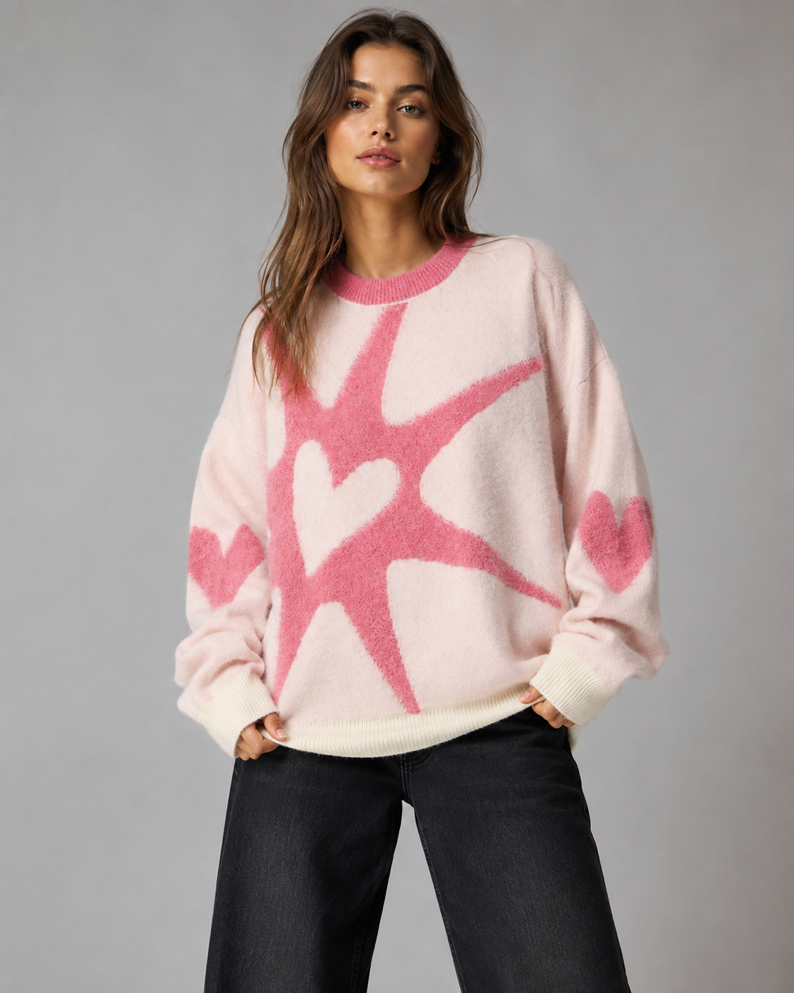 Graphic Star Heart Crew Neck Oversized Knit Sweater 2