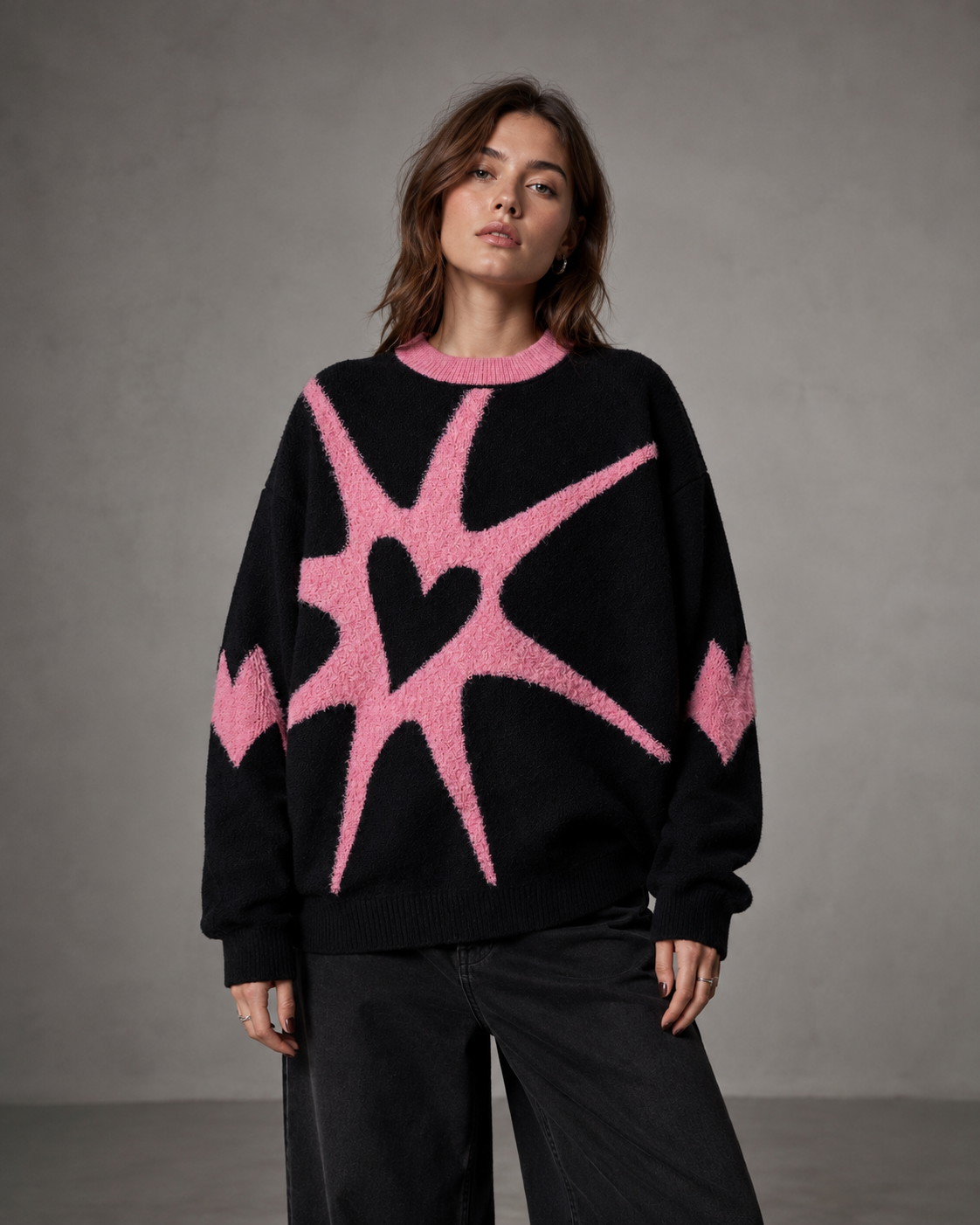 Graphic Star Heart Crew Neck Oversized Knit Sweater 9