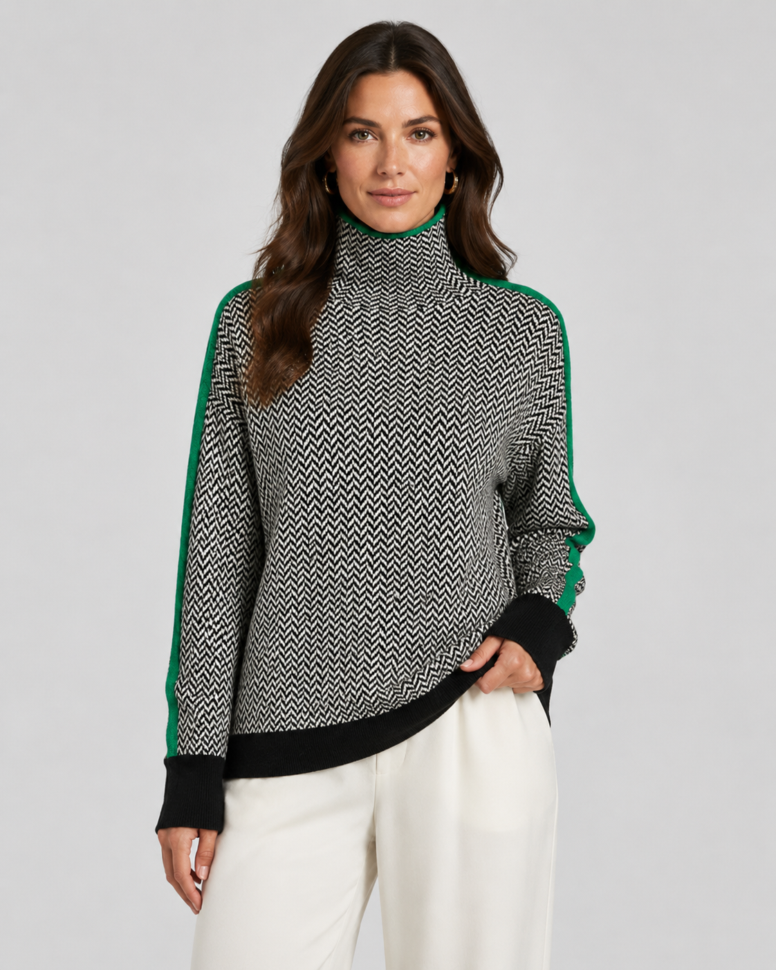 Herringbone Turtleneck Long Sleeve Side Stripe Sweater 3