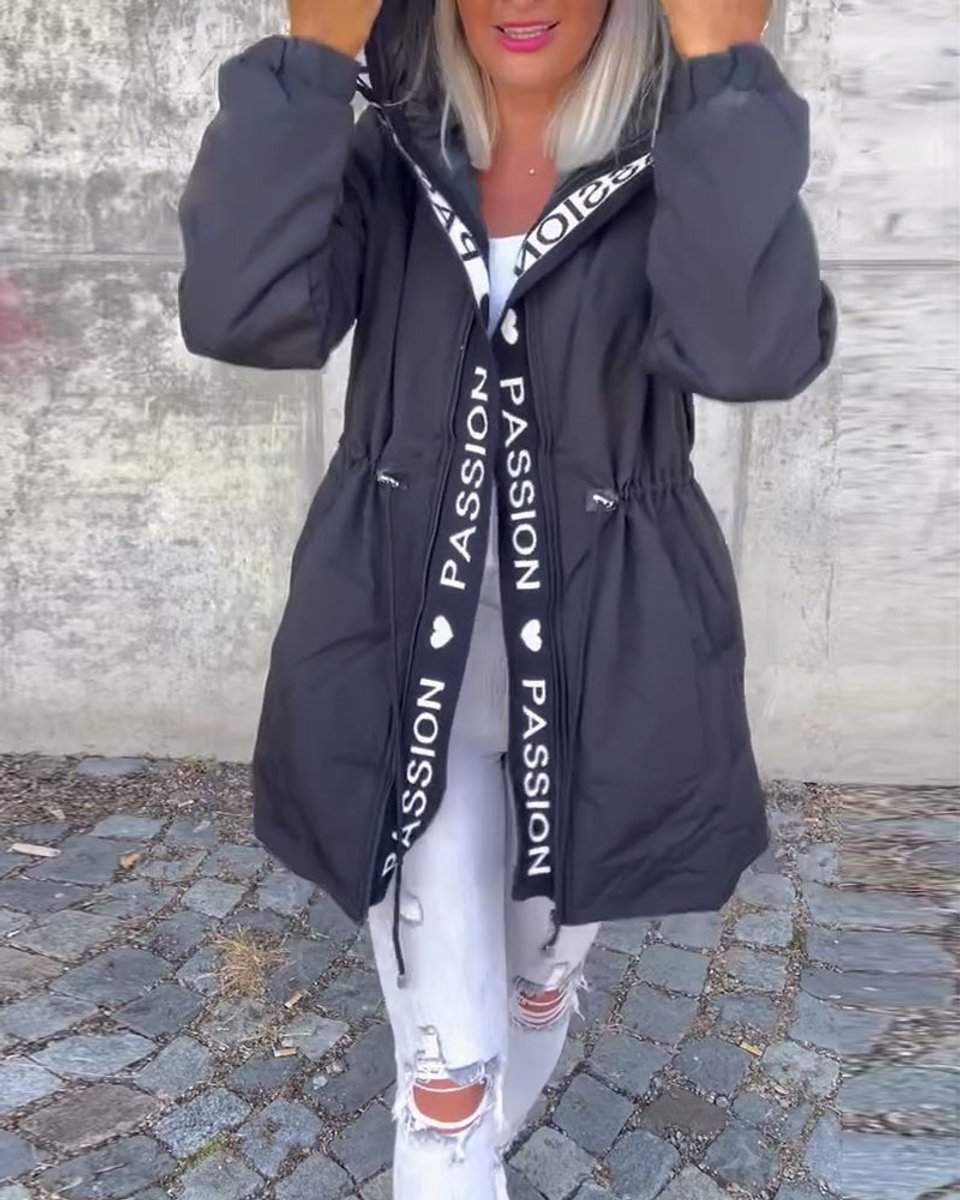 Hooded Drawstring Waist Letter Print Longline Parka Jacket