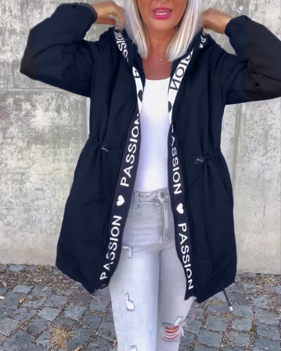 Hooded Drawstring Waist Letter Print Longline Parka Jacket 13