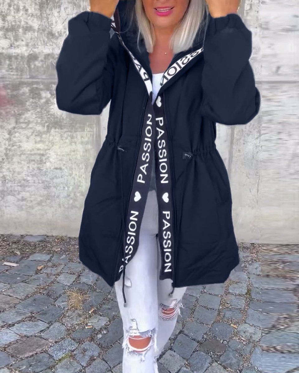 Hooded Drawstring Waist Letter Print Longline Parka Jacket 2