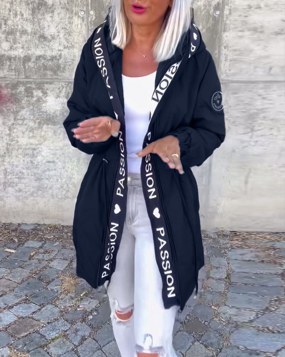 Hooded Drawstring Waist Letter Print Longline Parka Jacket 4