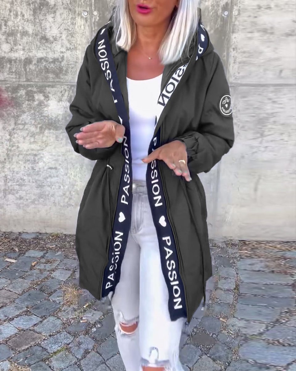 Hooded Drawstring Waist Letter Print Longline Parka Jacket 5