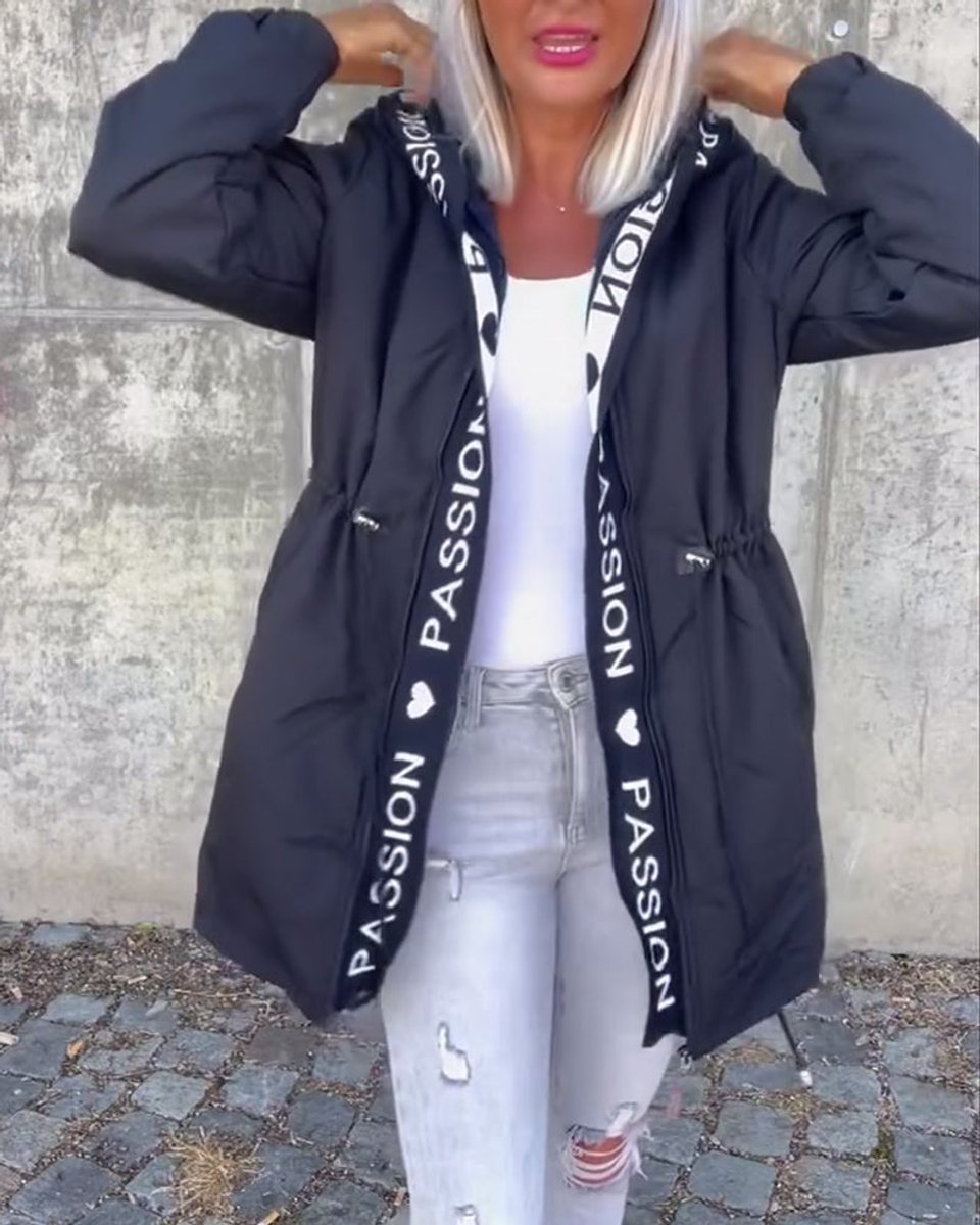 Hooded Drawstring Waist Letter Print Longline Parka Jacket 6
