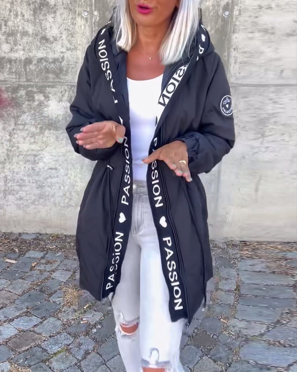 Hooded Drawstring Waist Letter Print Longline Parka Jacket 7