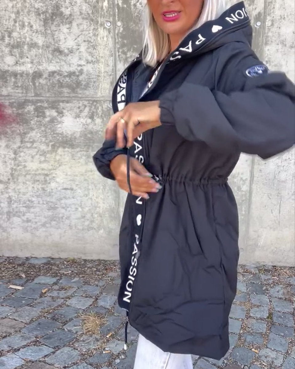 Hooded Drawstring Waist Letter Print Longline Parka Jacket 8