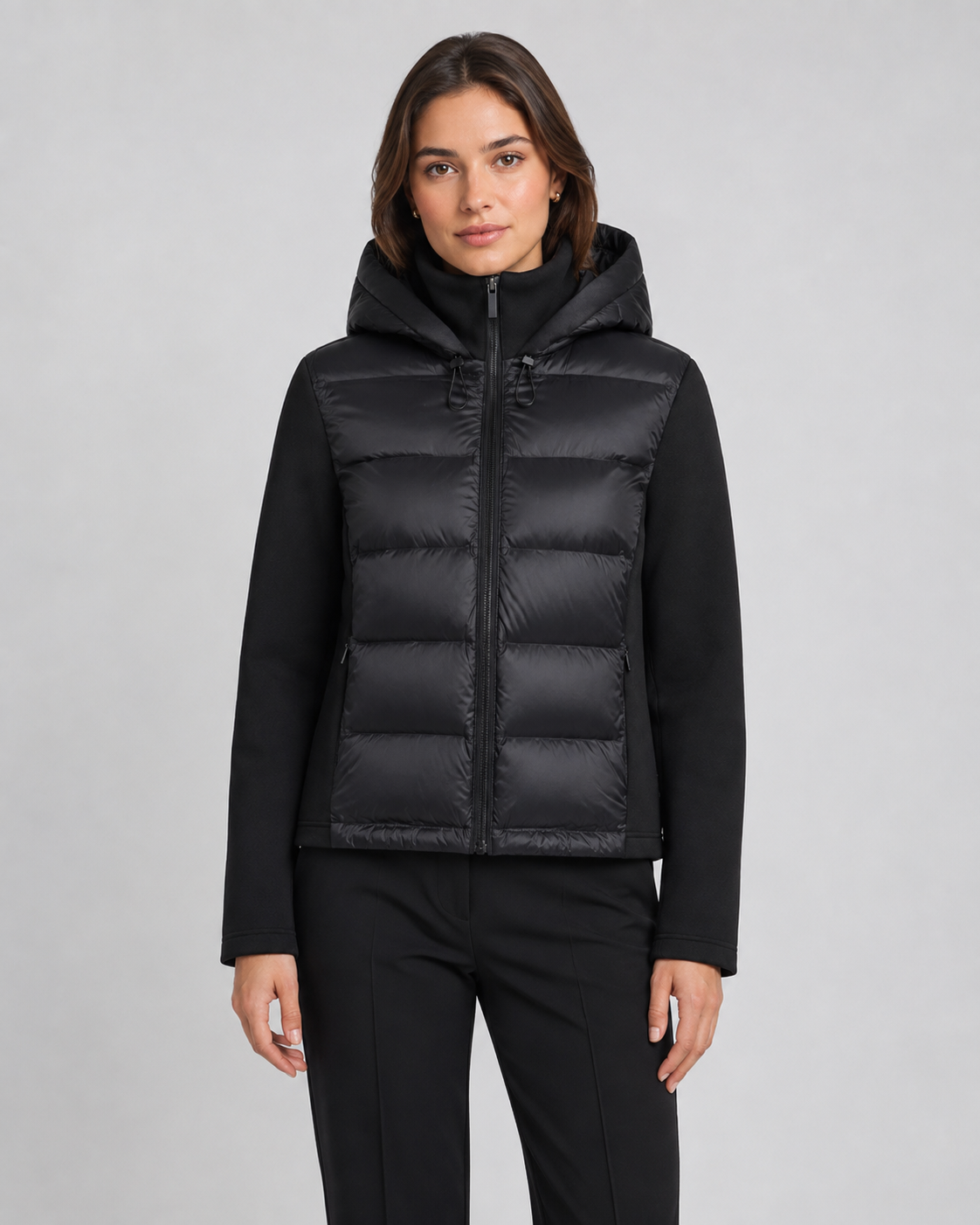 Hooded Zip Front Quilted Panel Hybrid Puffer Jacket
