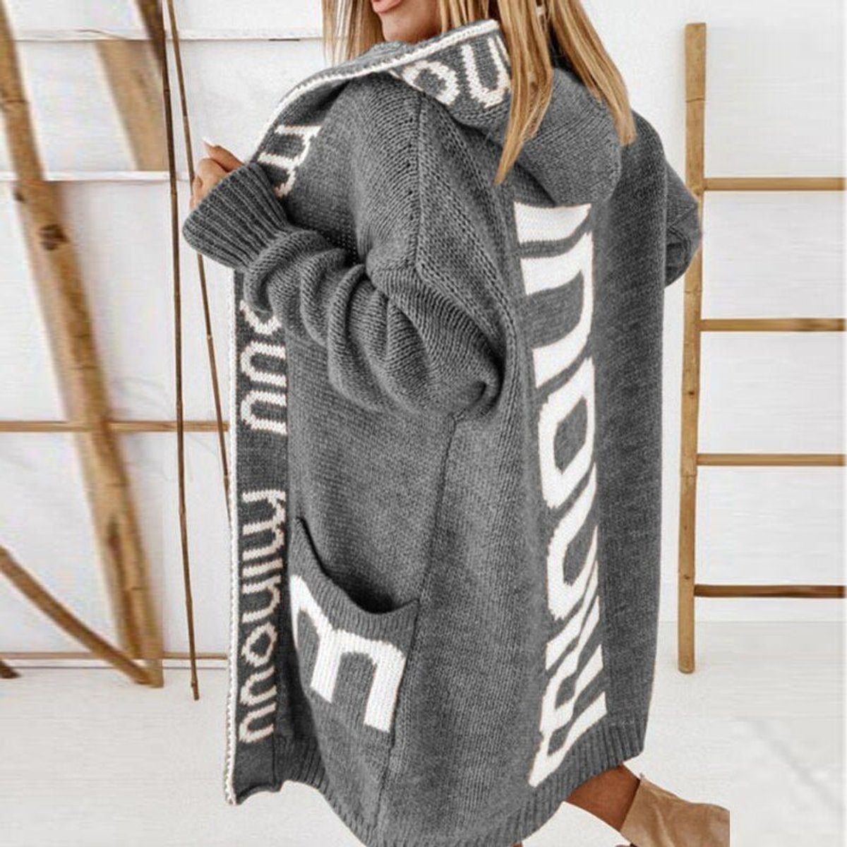 Hooded Letter Print Open Front Longline Knit Cardigan 4