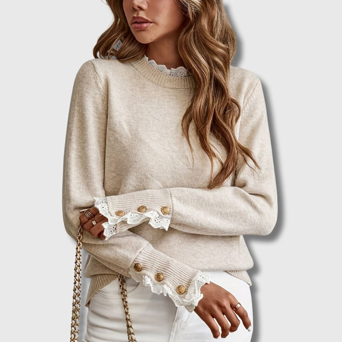 Frill Neck Lace Trim Button Cuff Knit Sweater 4