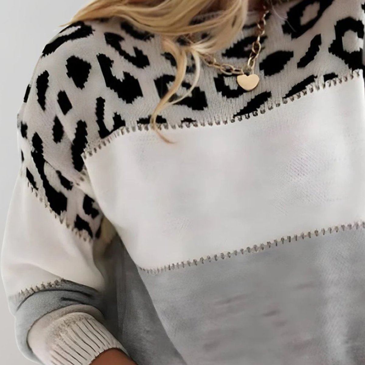 Leopard Print Colorblock Crew Neck Knit Sweater