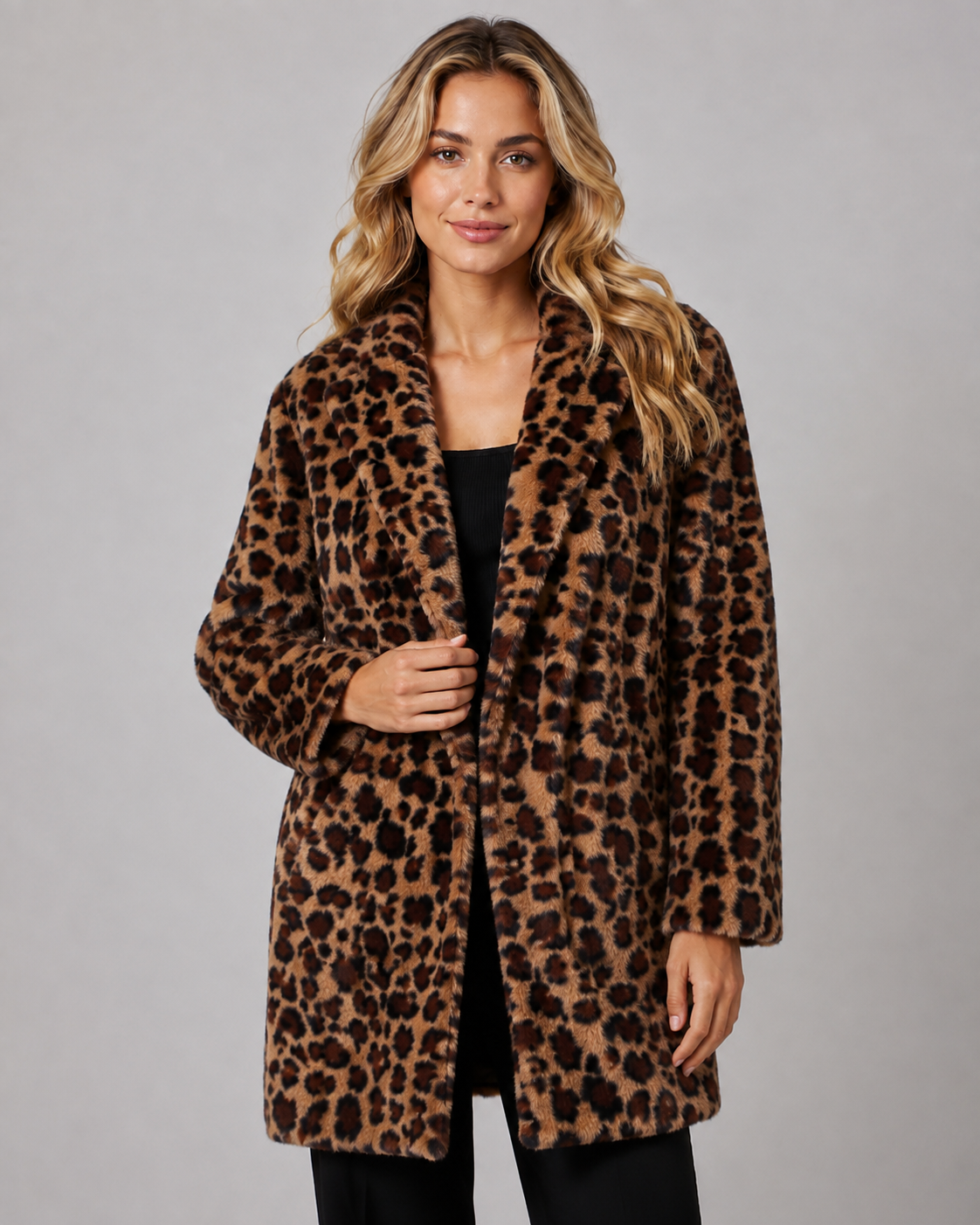Leopard Print Faux Fur Shawl Collar Longline Coat 3
