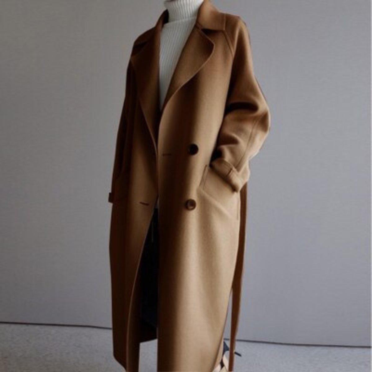 Double Breasted Lapel Belted Longline Coat 5