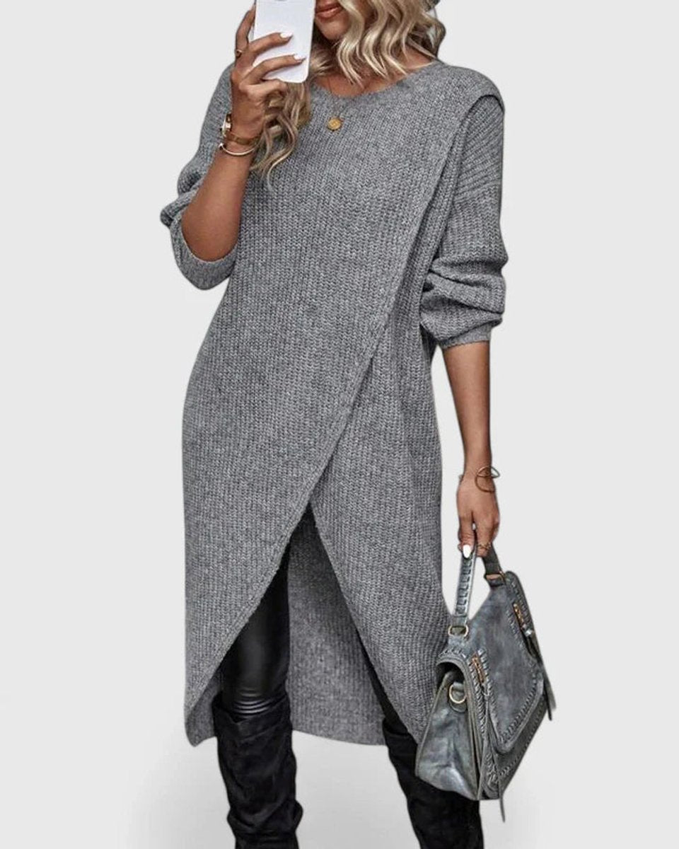 Crew Neck Long Sleeve Wrap Front High Low Knit Sweater Dress