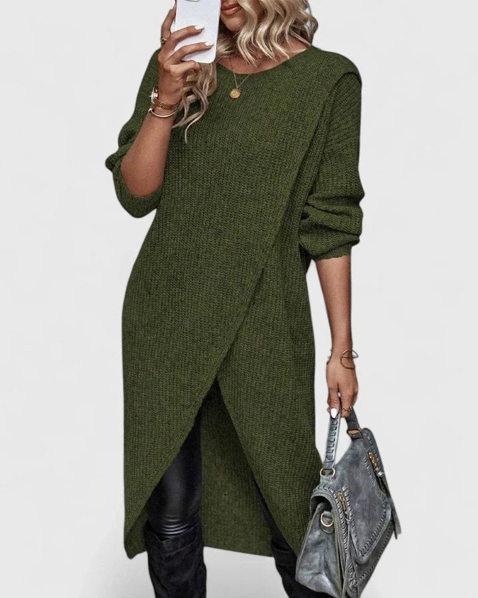 Crew Neck Long Sleeve Wrap Front High Low Knit Sweater Dress 2