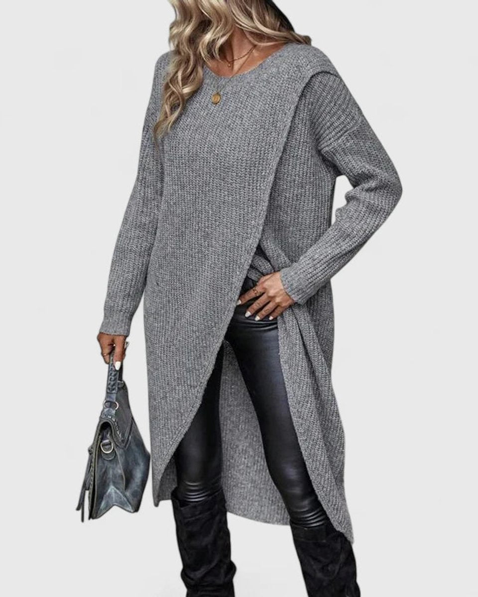 Crew Neck Long Sleeve Wrap Front High Low Knit Sweater Dress 5