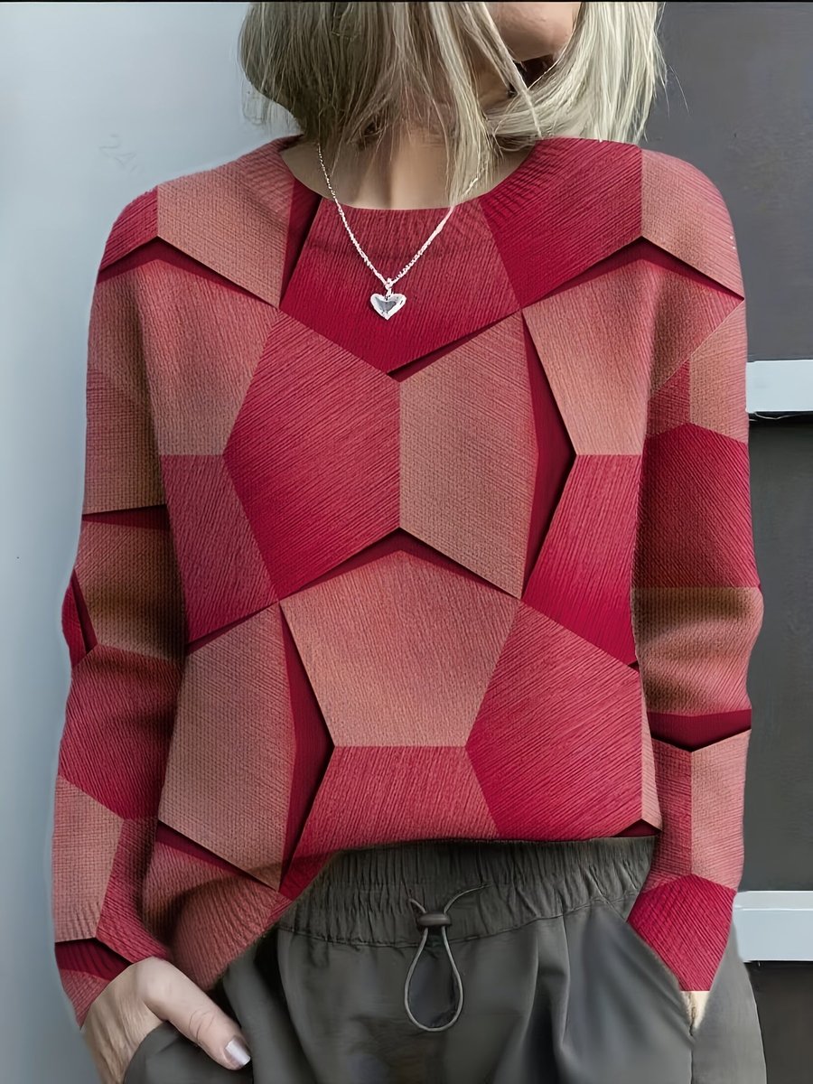 Crew Neck Long Sleeve Geometric Print Knit Sweater 3