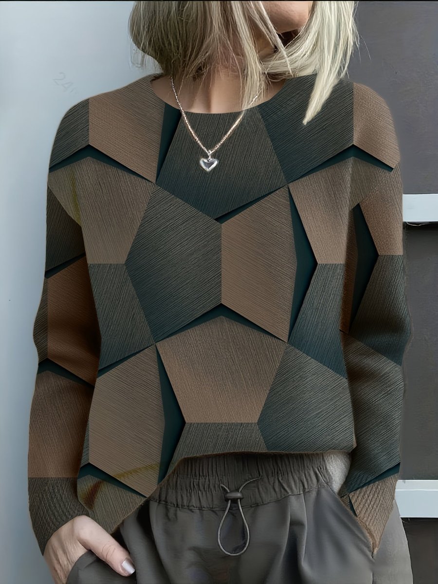 Crew Neck Long Sleeve Geometric Print Knit Sweater 5