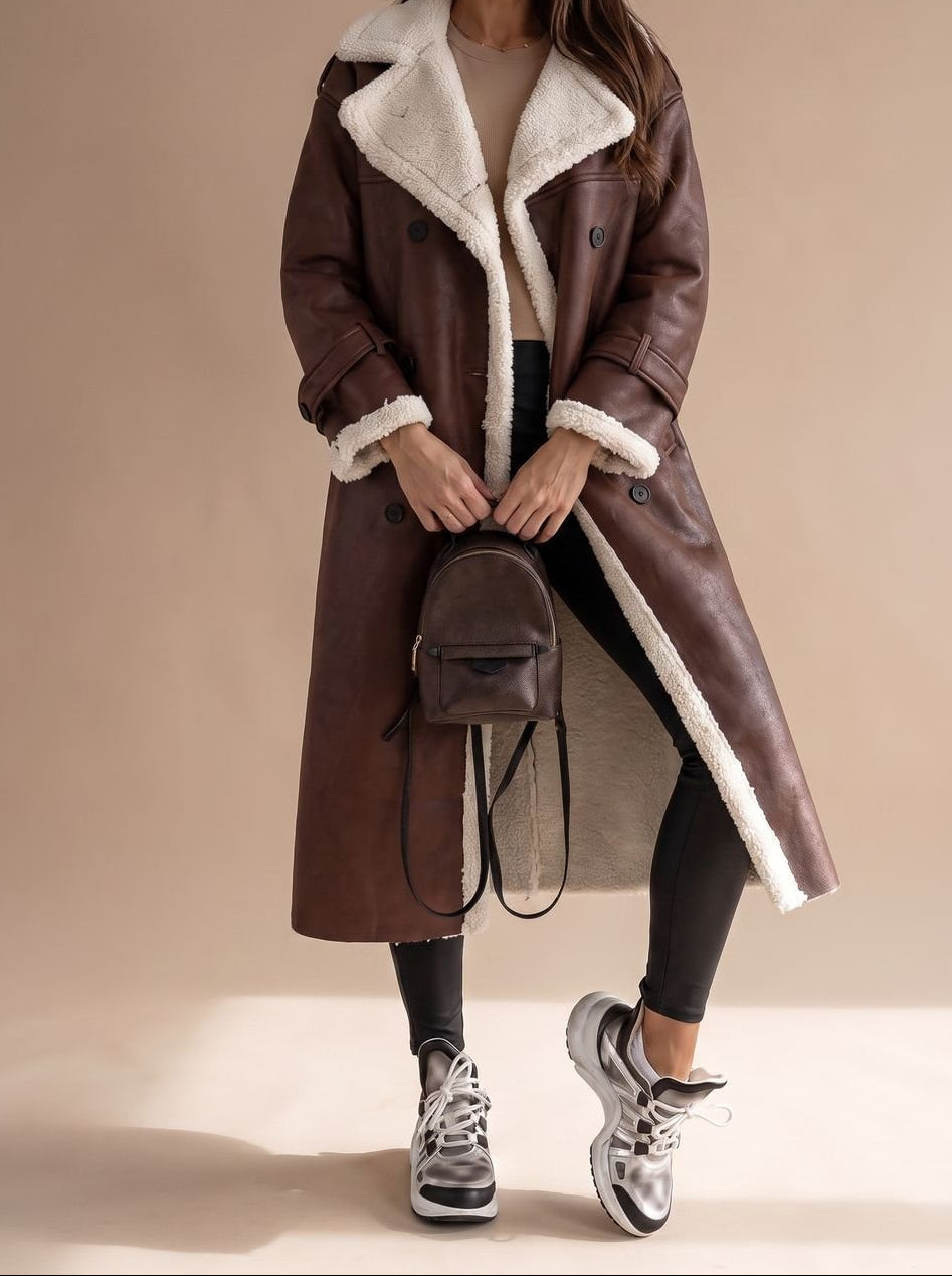 Faux Shearling Double Breasted Belted Longline Coat 10