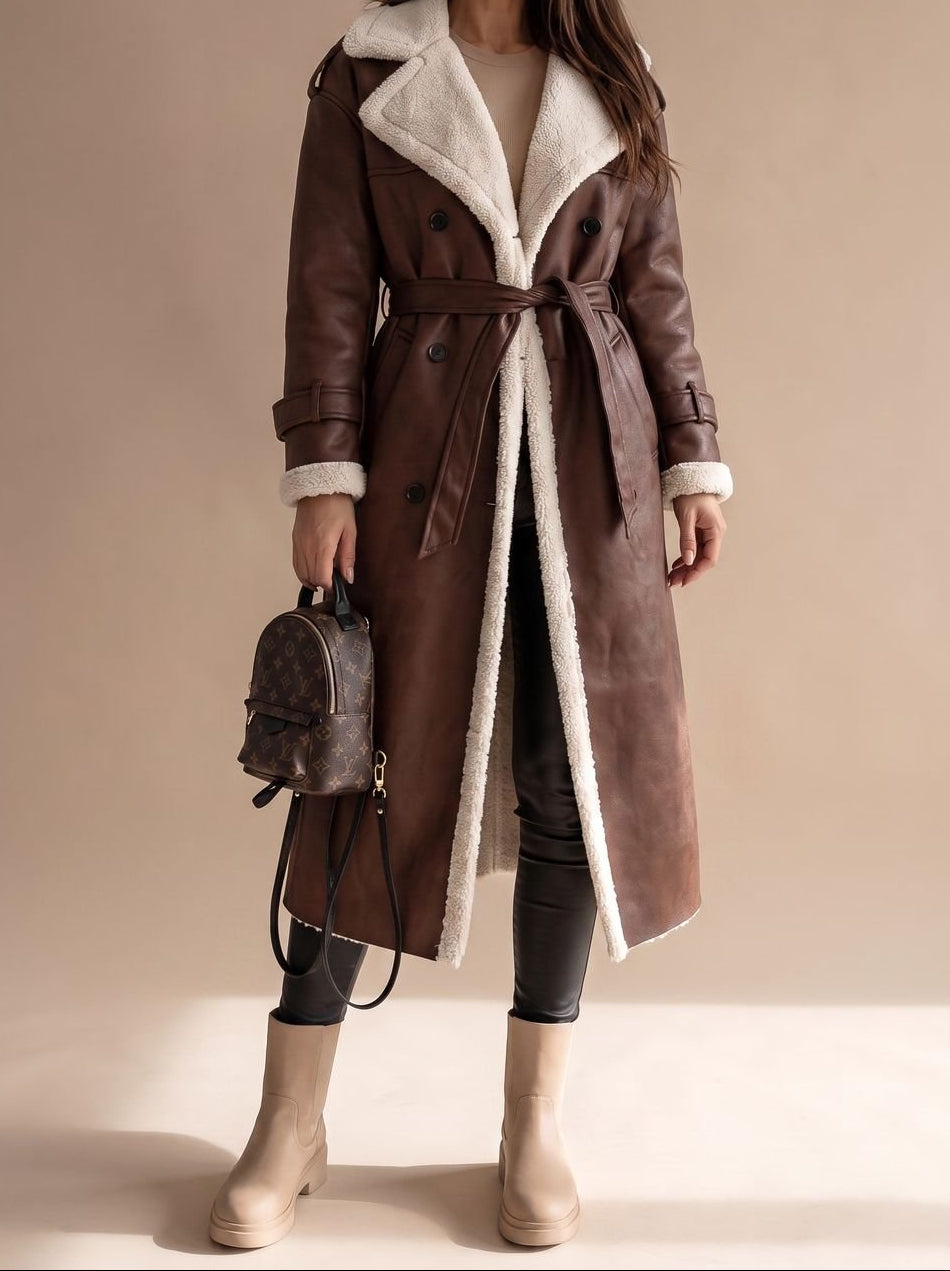 Faux Shearling Double Breasted Belted Longline Coat 5