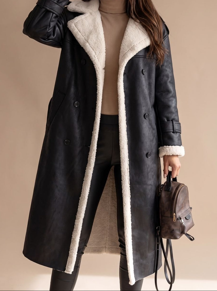 Faux Shearling Double Breasted Belted Longline Coat 6