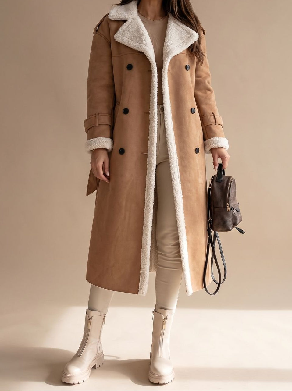 Faux Shearling Double Breasted Belted Longline Coat