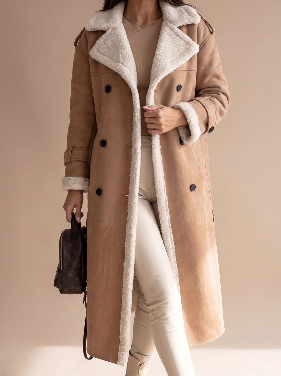 Faux Shearling Double Breasted Belted Longline Coat 9