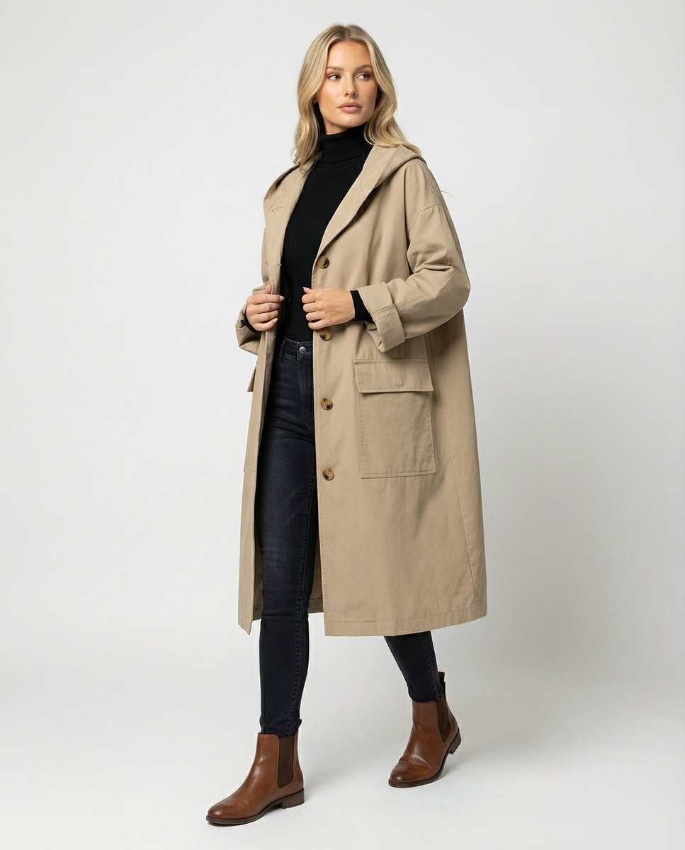 Hooded Button Front Patch Pocket Longline Trench Coat