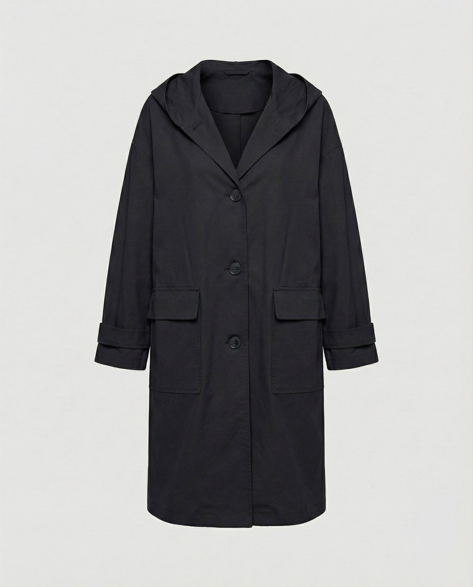 Hooded Button Front Patch Pocket Longline Trench Coat 4