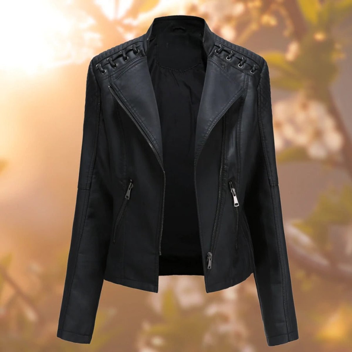 Faux Leather Stand Collar Zip Front Moto Biker Jacket