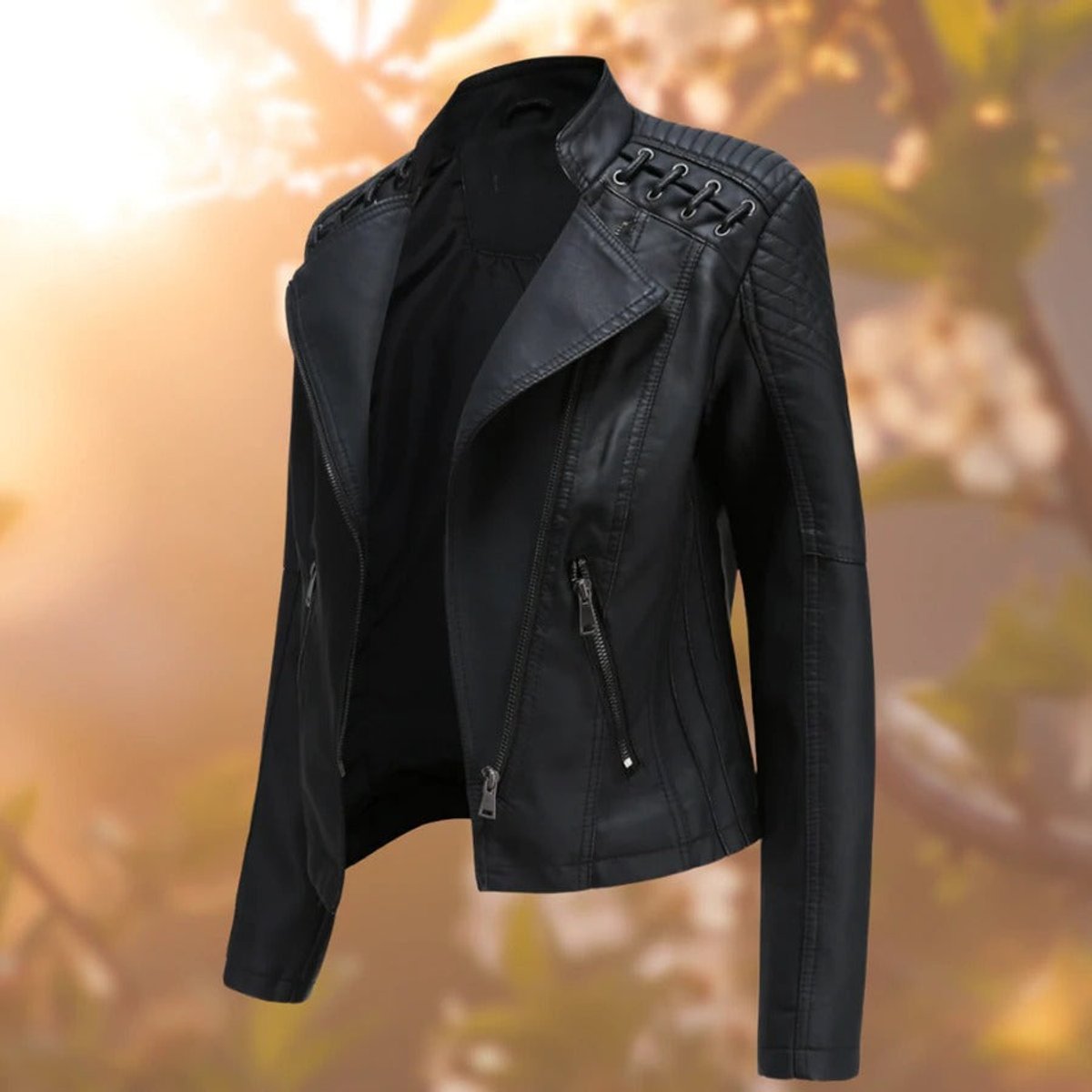 Faux Leather Stand Collar Zip Front Moto Biker Jacket 2