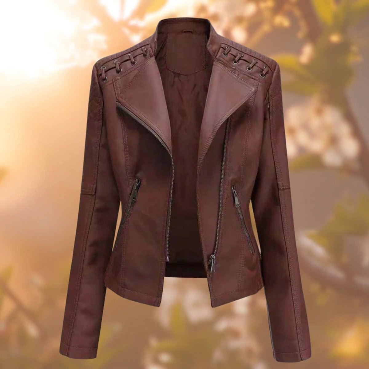 Faux Leather Stand Collar Zip Front Moto Biker Jacket 3