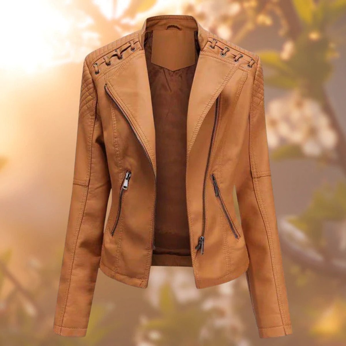 Faux Leather Stand Collar Zip Front Moto Biker Jacket 4