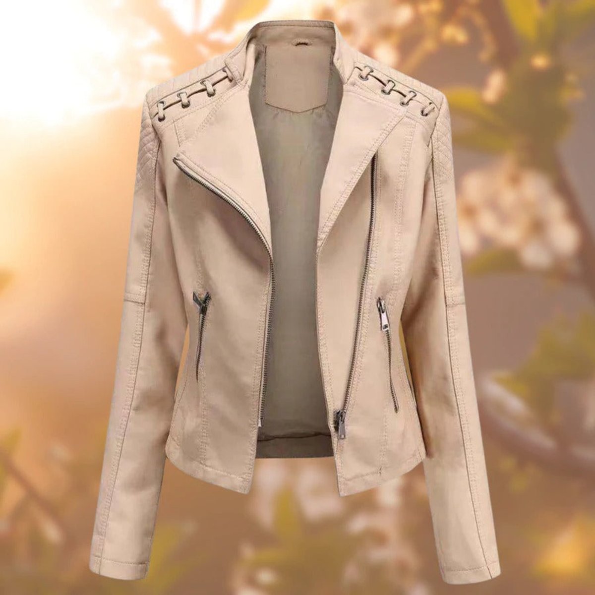 Faux Leather Stand Collar Zip Front Moto Biker Jacket 6