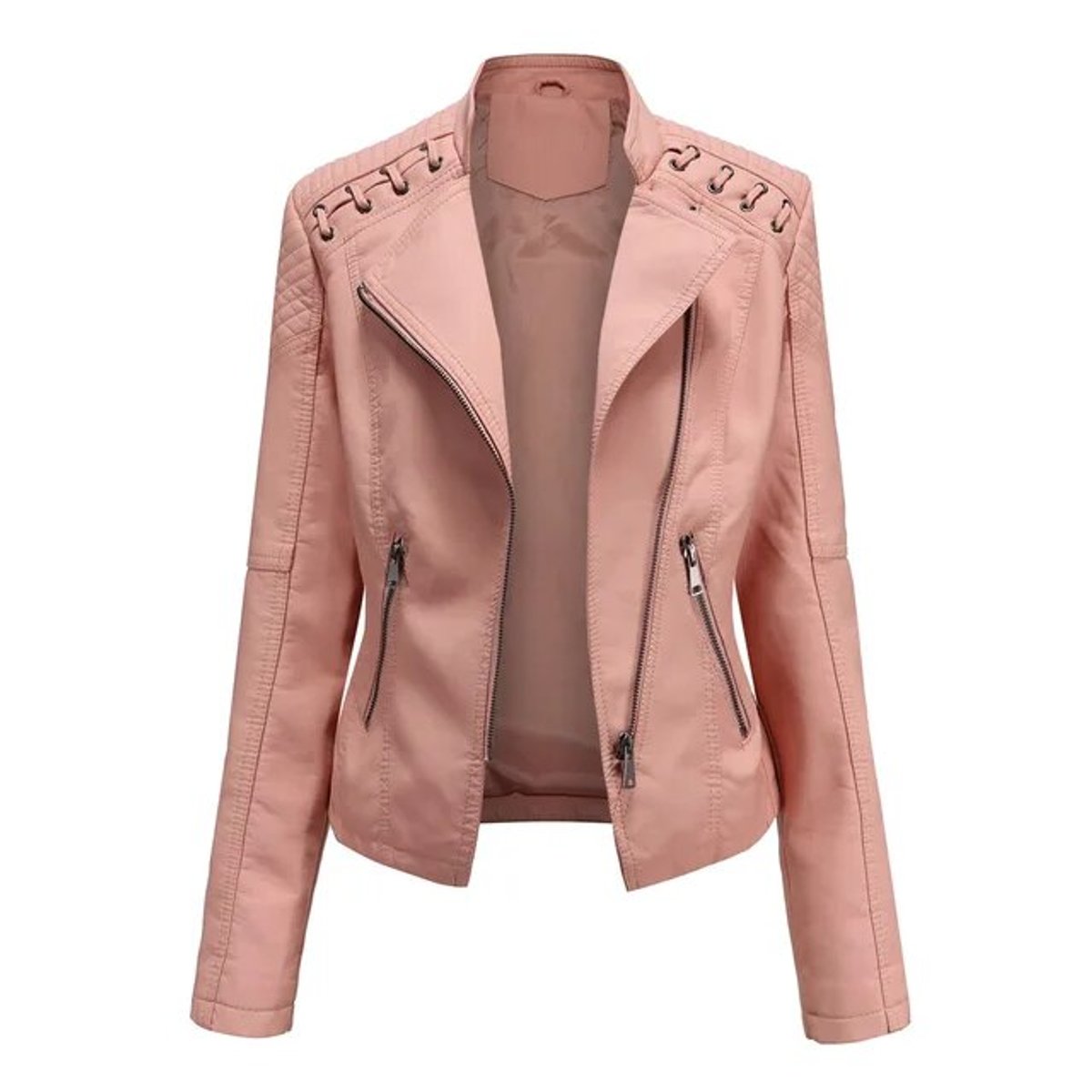 Faux Leather Stand Collar Zip Front Moto Biker Jacket 7
