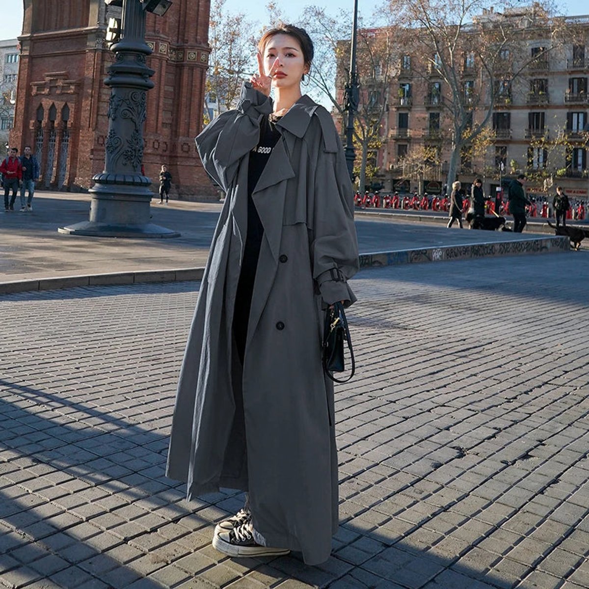 Double Breasted Belted Longline Oversized Trench Coat