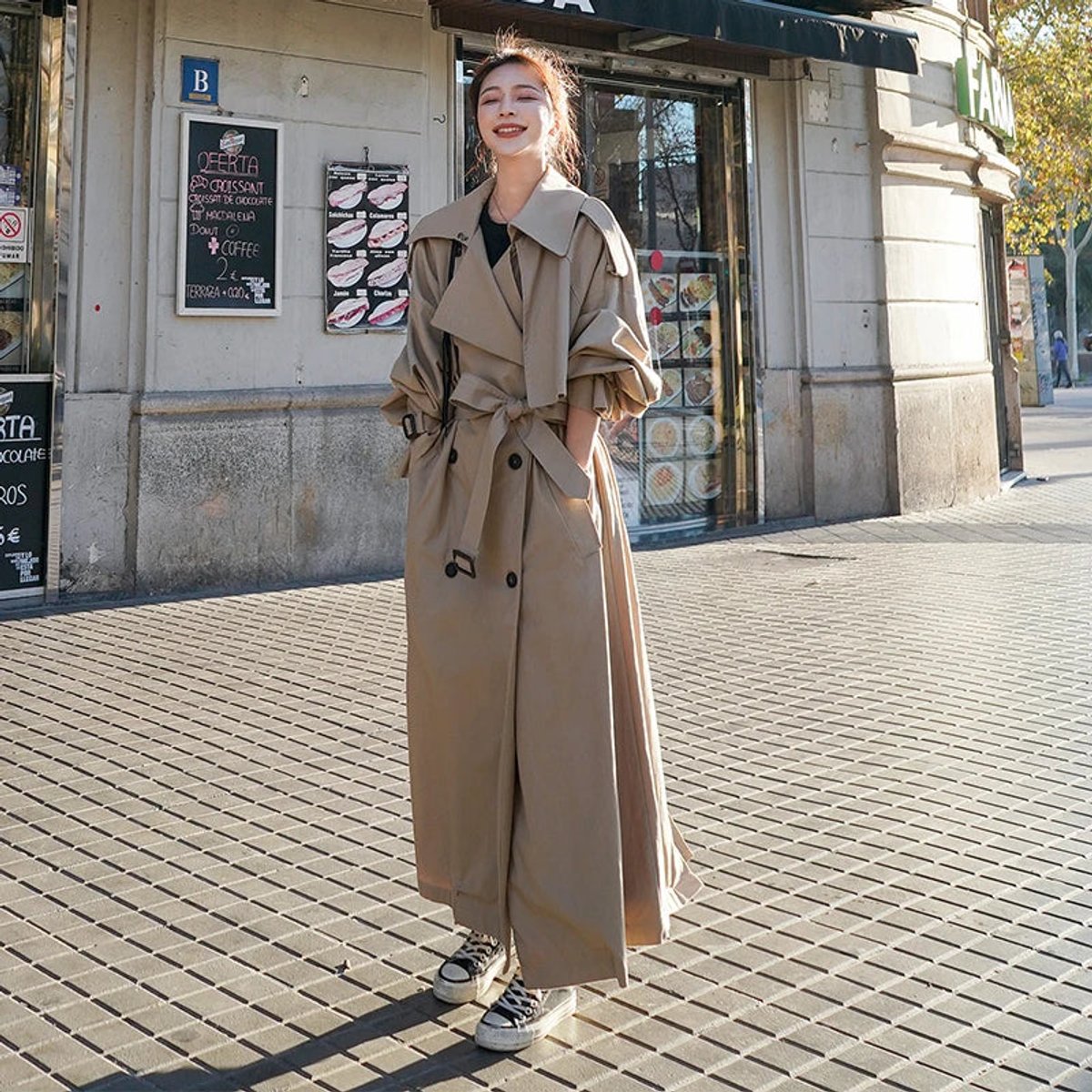 Double Breasted Belted Longline Oversized Trench Coat 7
