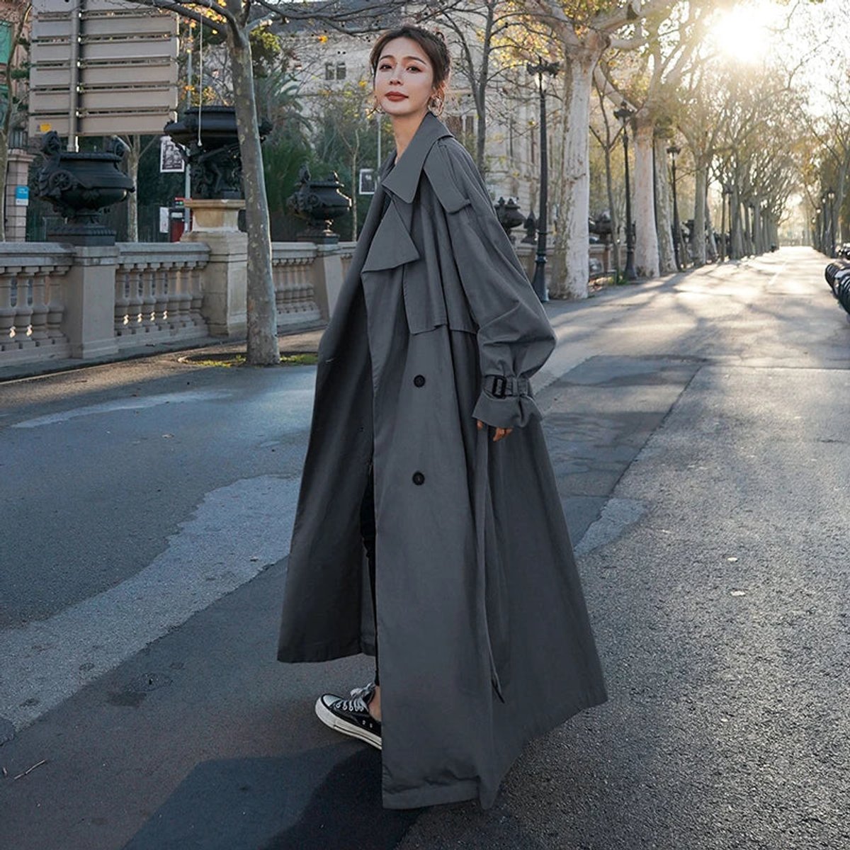 Double Breasted Belted Longline Oversized Trench Coat 8