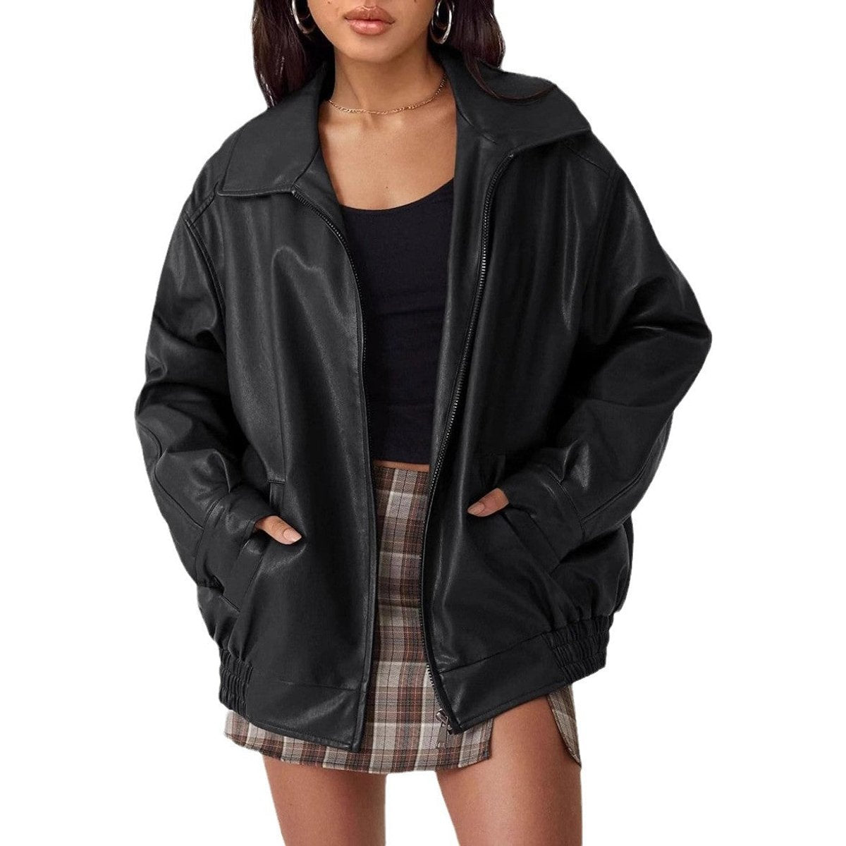 Faux Leather Zip Front Oversized Bomber Jacket 4