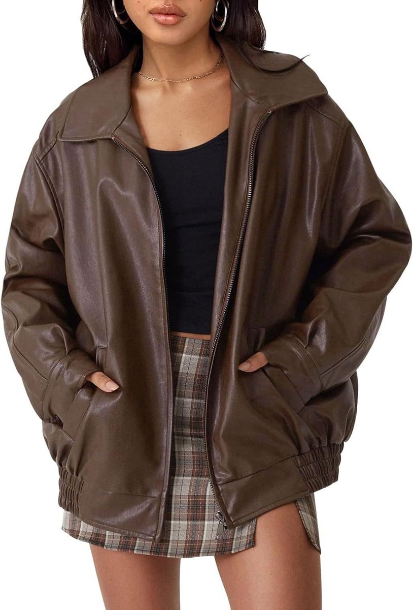 Faux Leather Zip Front Oversized Bomber Jacket 6