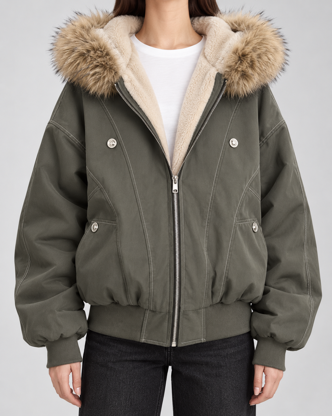 Hooded Faux Fur Trim Zip Front Bomber Jacket 4