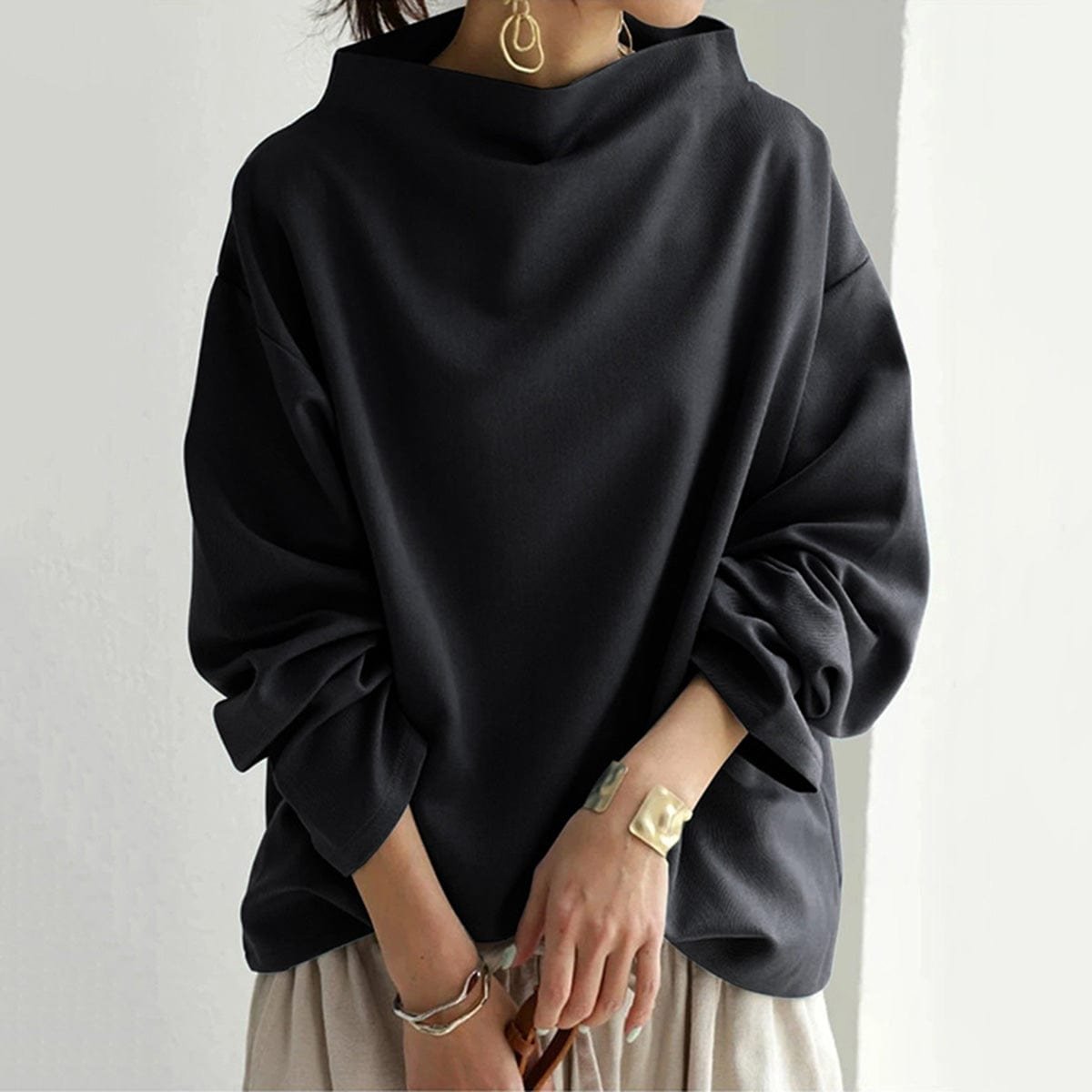 Mock Neck Drop Shoulder Long Sleeve Loose Top 2