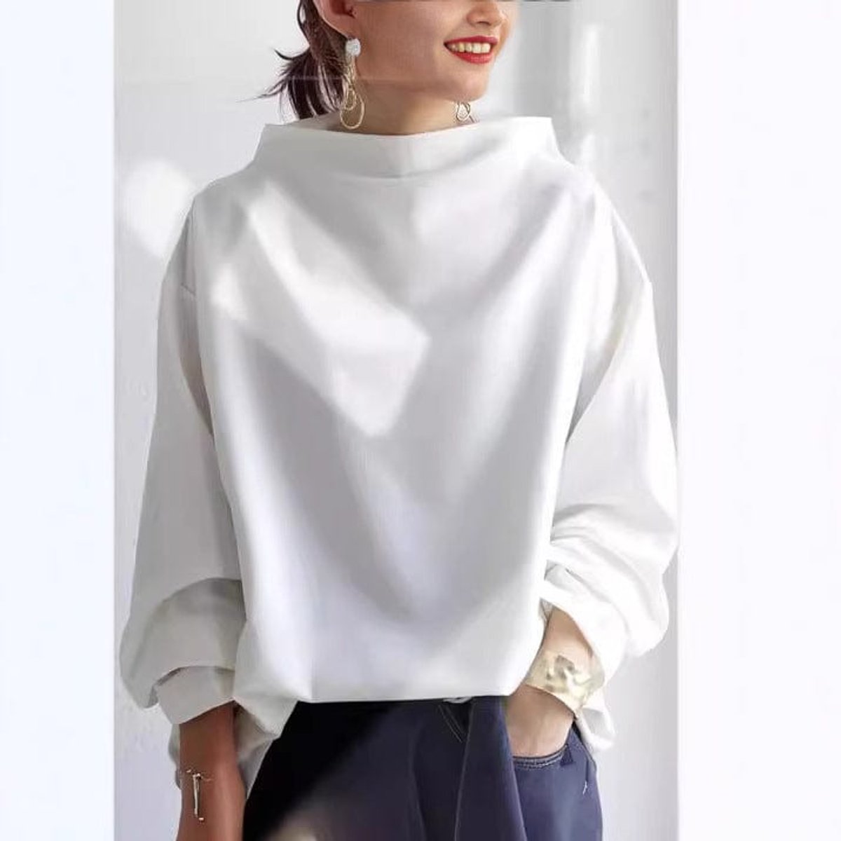 Mock Neck Drop Shoulder Long Sleeve Loose Top 4