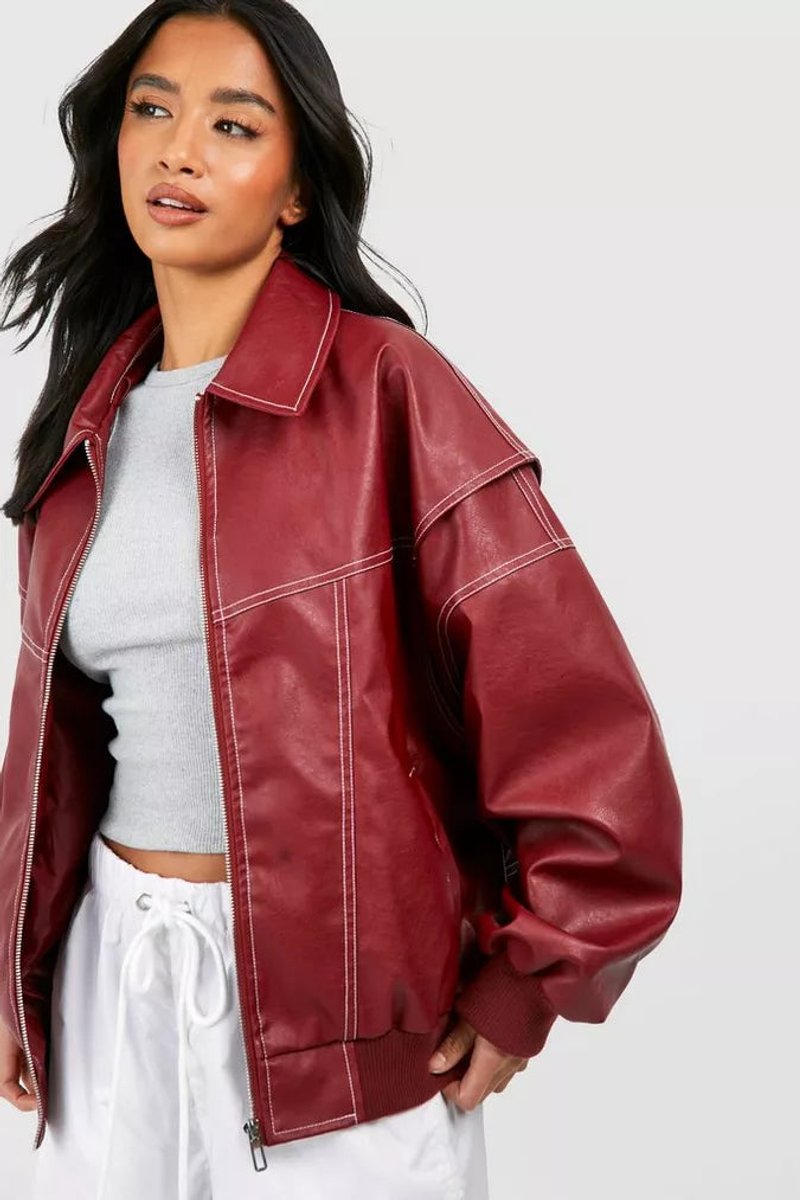 Oversized Contrast Stitch Zip Front Bomber Jacket 3