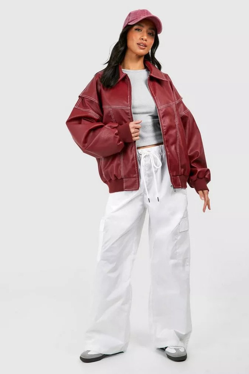 Oversized Contrast Stitch Zip Front Bomber Jacket 7
