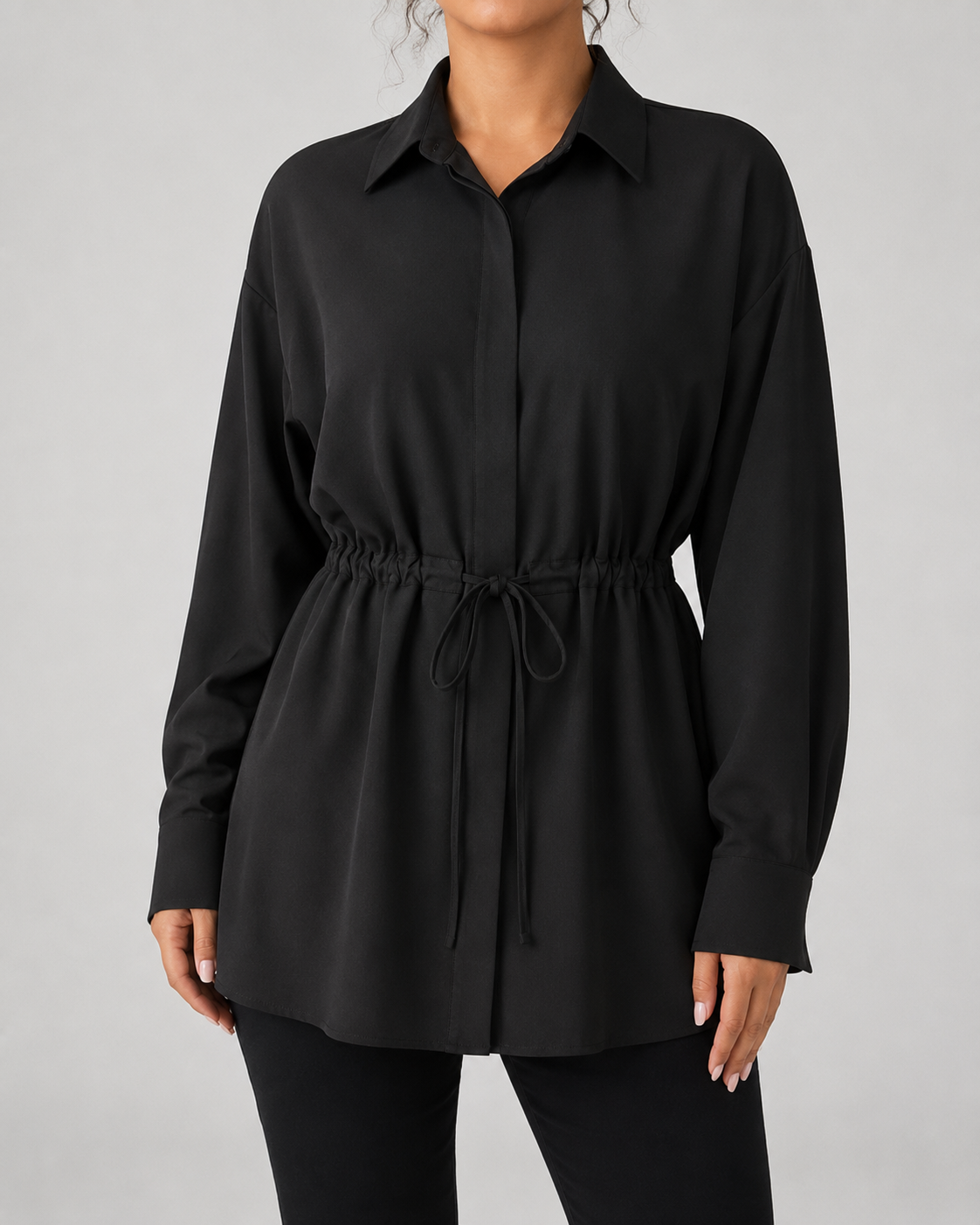 Collared Long Sleeve Drawstring Waist Oversized Longline Shirt 11