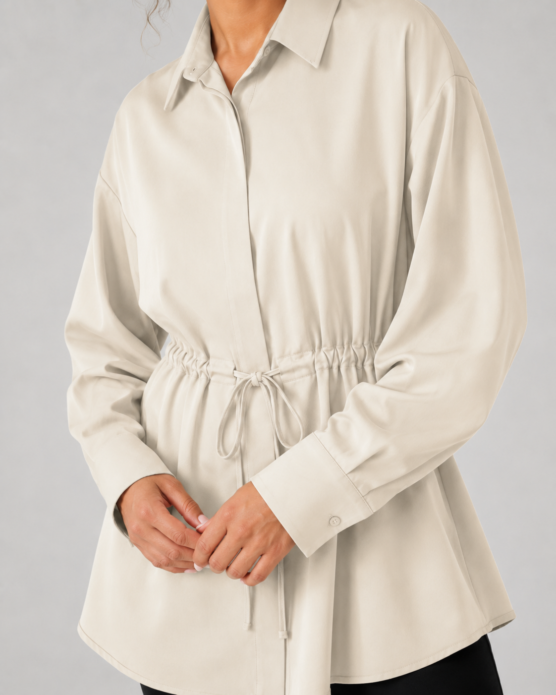 Collared Long Sleeve Drawstring Waist Oversized Longline Shirt 12