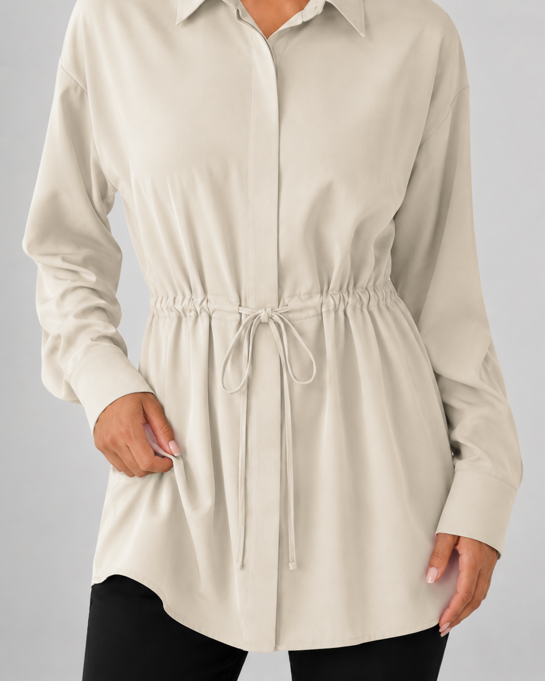 Collared Long Sleeve Drawstring Waist Oversized Longline Shirt 13