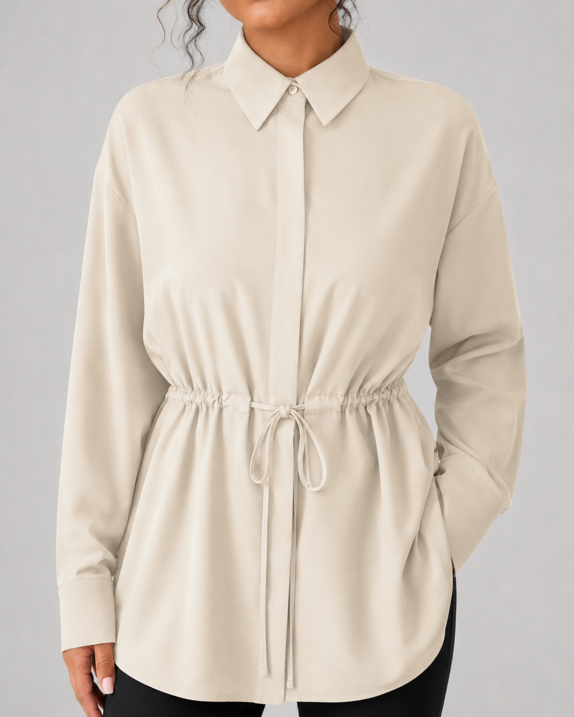 Collared Long Sleeve Drawstring Waist Oversized Longline Shirt 2