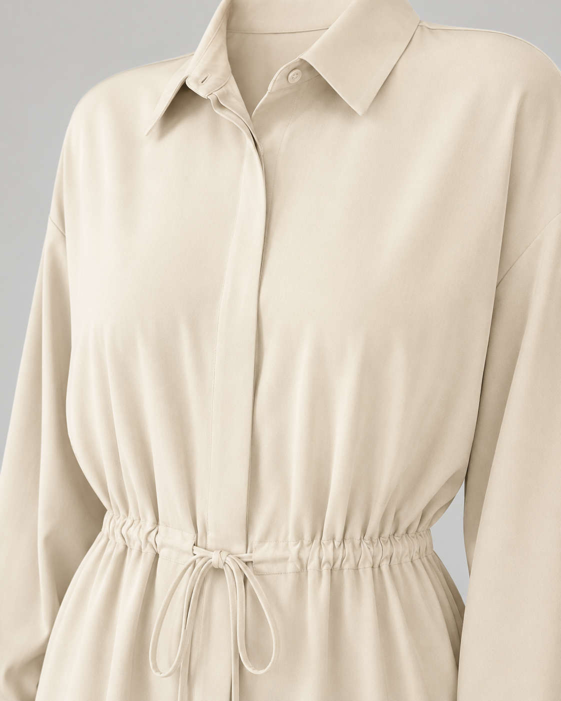 Collared Long Sleeve Drawstring Waist Oversized Longline Shirt 4